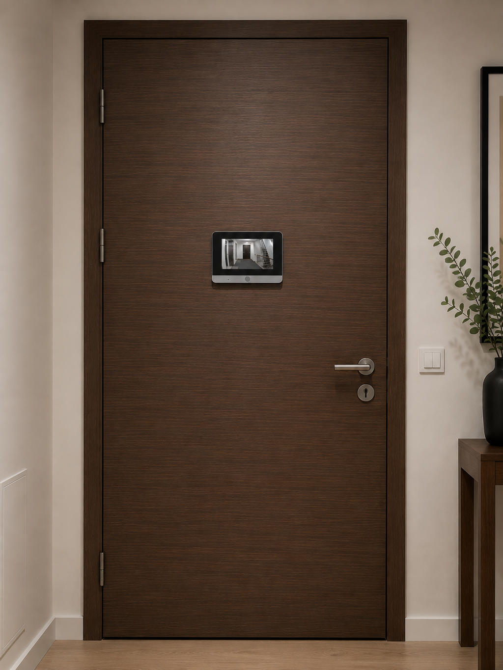 Judas-caméra connecté PEEKA installé sur une porte d'entrée
