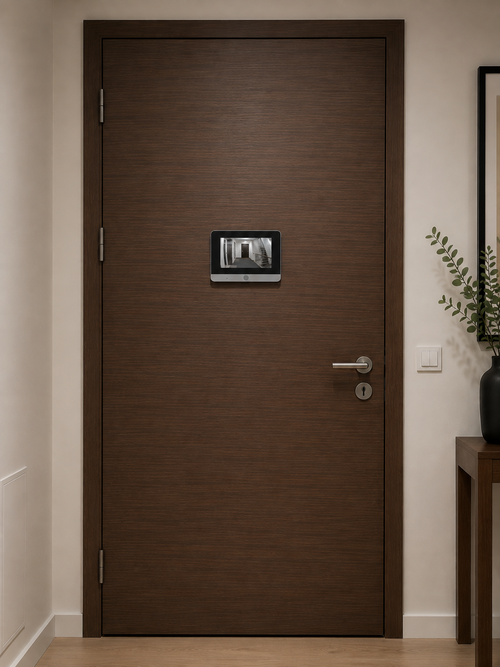 Judas-caméra connecté PEEKA installé sur une porte d'entrée